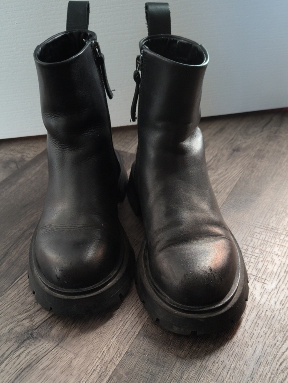 ZARA Black Womens Real Leather Chunky Sole Ankle Boots